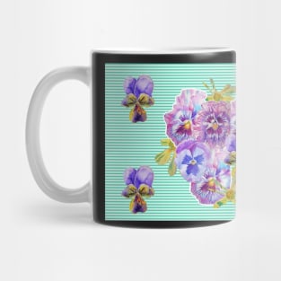 Shabby Chic Turquoise Pansy Nest of Pansies Floral Watercolour Stripe Mug